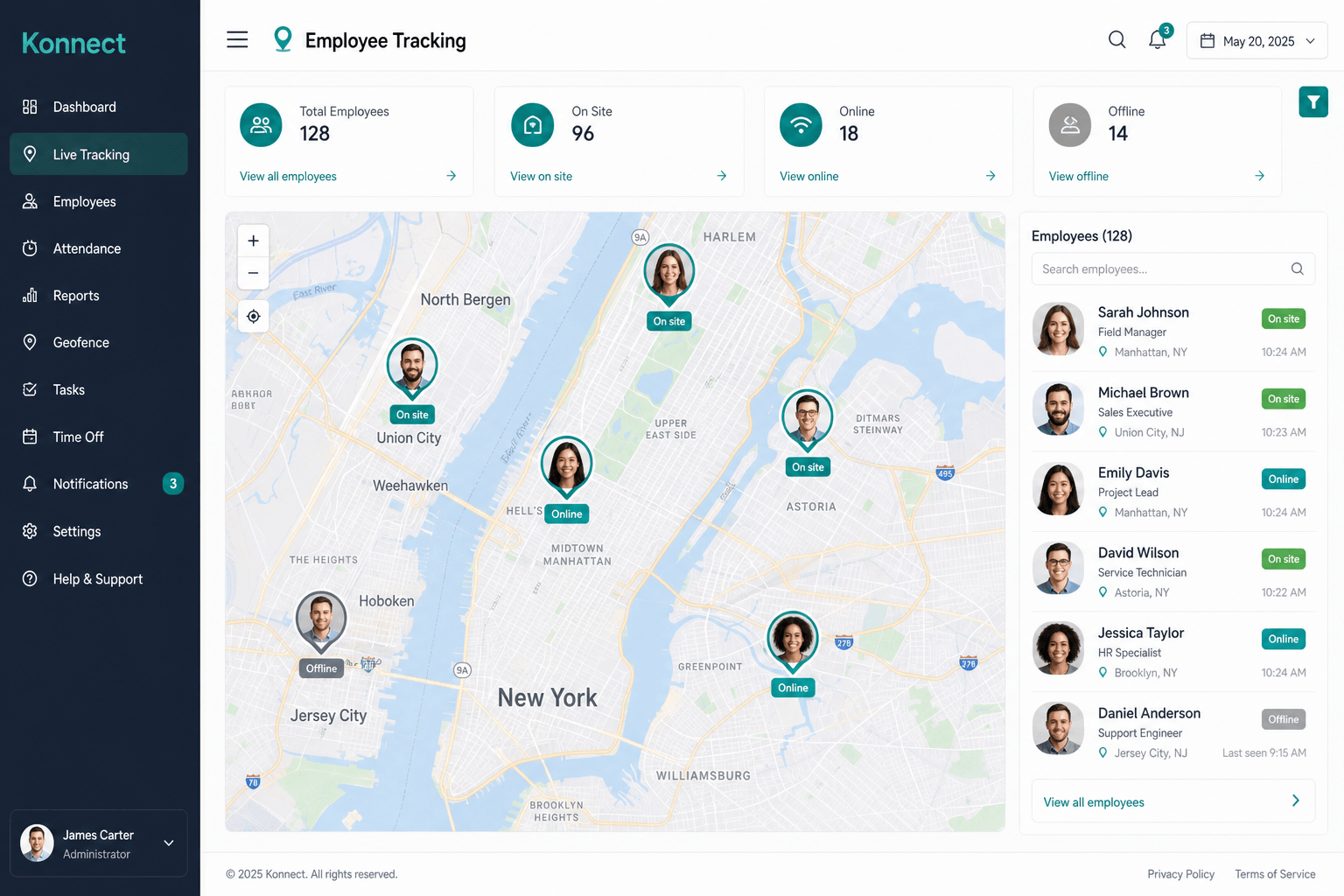 Konnect employee tracking map with live locations