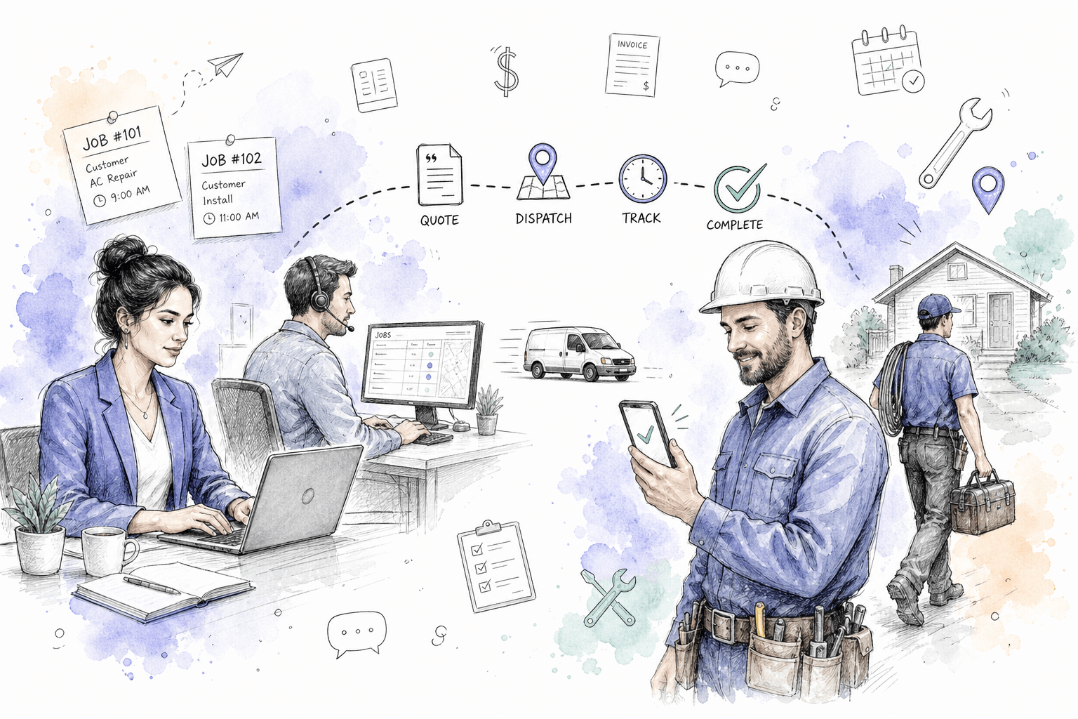 Konnect on laptop and phone: jobs board, check-in, and crew at work