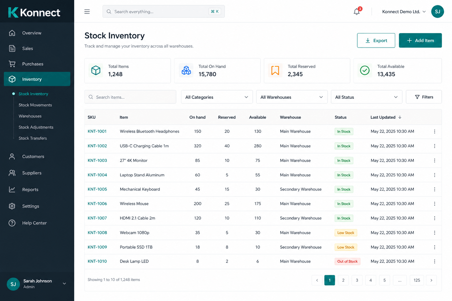 Konnect inventory management dashboard