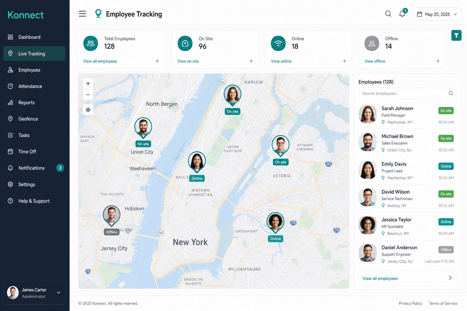 Konnect employee tracking map with live location and presence status