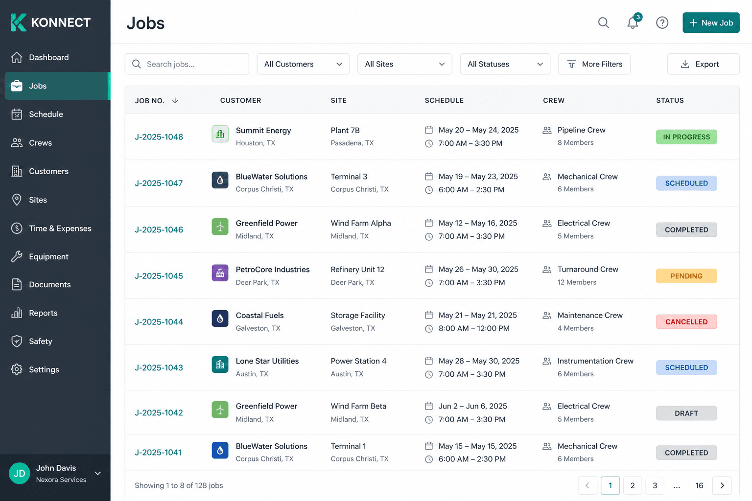Konnect jobs list showing job numbers, customers, sites, crew, and status